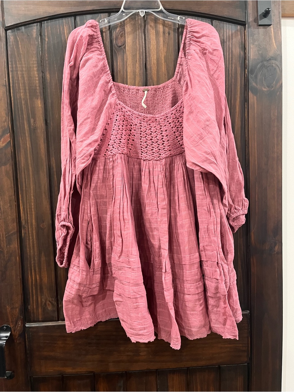 Free People Dusty Rose Gauze Crochet Babydoll Tunic Top Size large